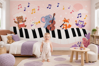 Cartoon Animal Band Wallpaper Piano Keys Wall Mural