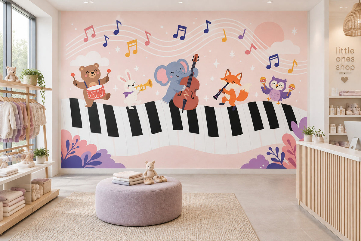 Cartoon Animal Band Wallpaper Piano Keys Wall Mural