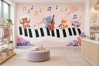 Cartoon Animal Band Wallpaper Piano Keys Wall Mural