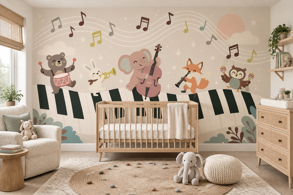 Woodland Animal Band Wallpaper Muted Green Music Wall Mural