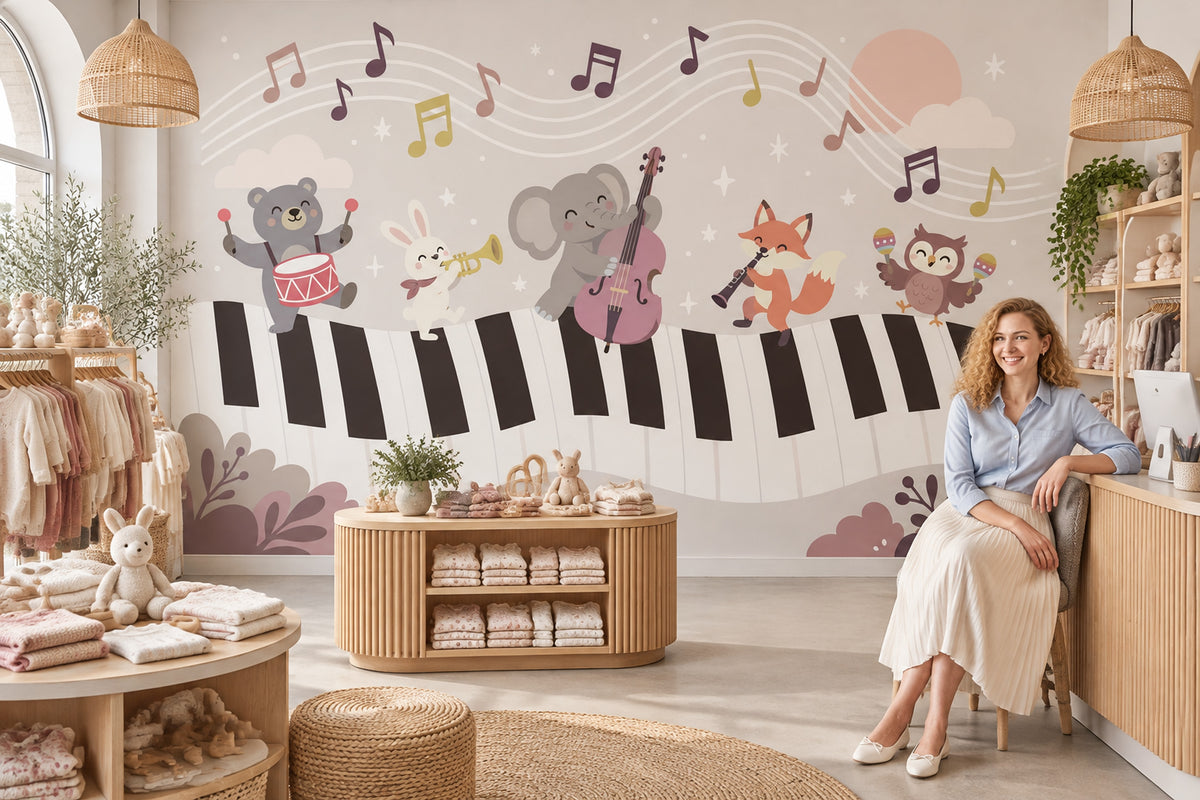 Cartoon Animals On Piano Keys Wallpaper Pastel Nursery Wall Mural