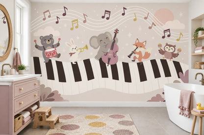 Cartoon Animals On Piano Keys Wallpaper Pastel Nursery Wall Mural