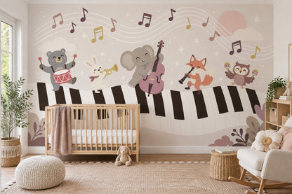 Cartoon Animals On Piano Keys Wallpaper Pastel Nursery Wall Mural