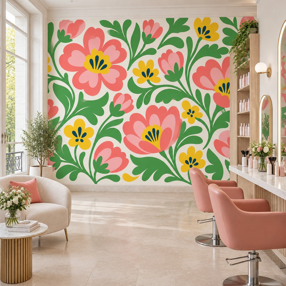Pink Folk Flowers Wallpaper Green Vines Wall Mural