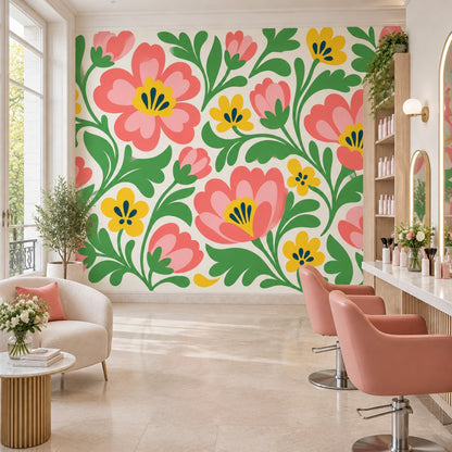 Pink Folk Flowers Wallpaper Green Vines Wall Mural