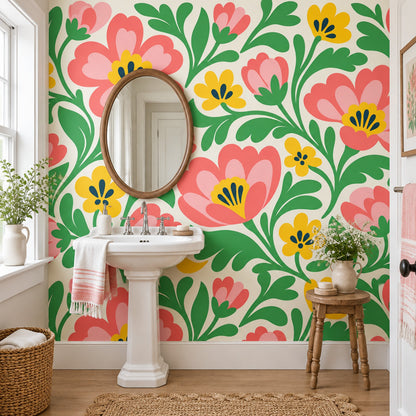 Pink Folk Flowers Wallpaper Green Vines Wall Mural