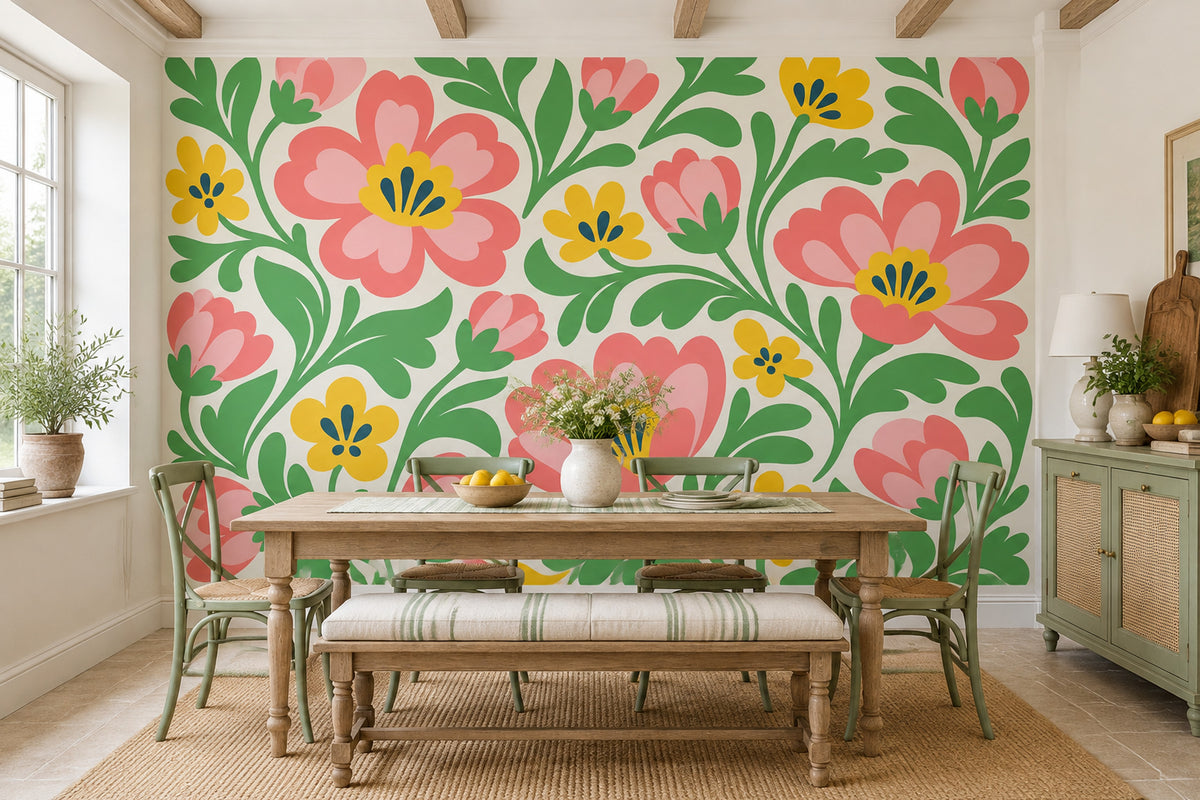 Pink Folk Flowers Wallpaper Green Vines Wall Mural