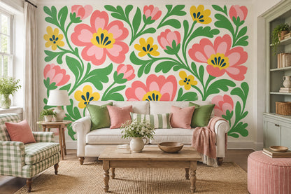 Pink Folk Flowers Wallpaper Green Vines Wall Mural