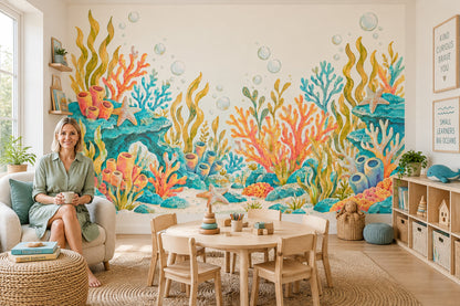 Watercolor Coral Reef Wallpaper Underwater Wall Mural