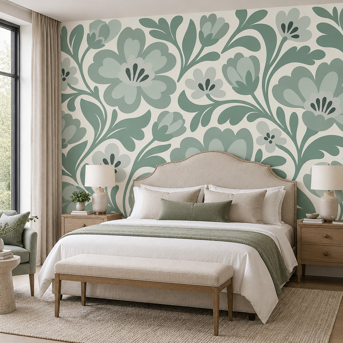 Stylized Large Flowers Wallpaper Sage Green Vine Wall Mural