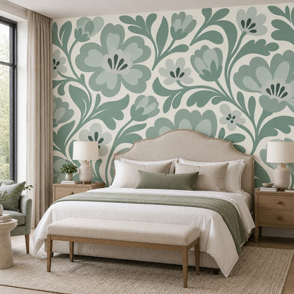 Stylized Large Flowers Wallpaper Sage Green Vine Wall Mural