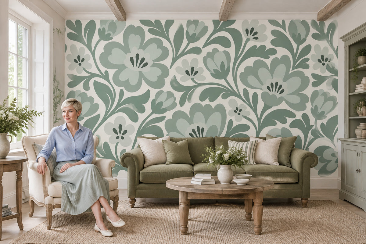 Stylized Large Flowers Wallpaper Sage Green Vine Wall Mural