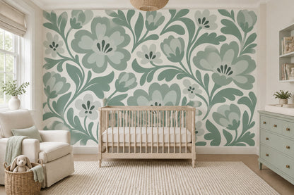 Stylized Large Flowers Wallpaper Sage Green Vine Wall Mural