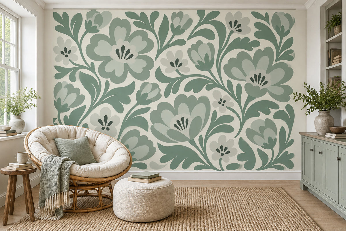 Stylized Large Flowers Wallpaper Sage Green Vine Wall Mural