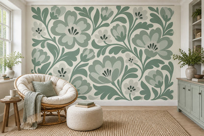Stylized Large Flowers Wallpaper Sage Green Vine Wall Mural