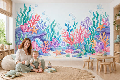 Watercolor Coral Reef Wallpaper Pastel Underwater Wall Mural