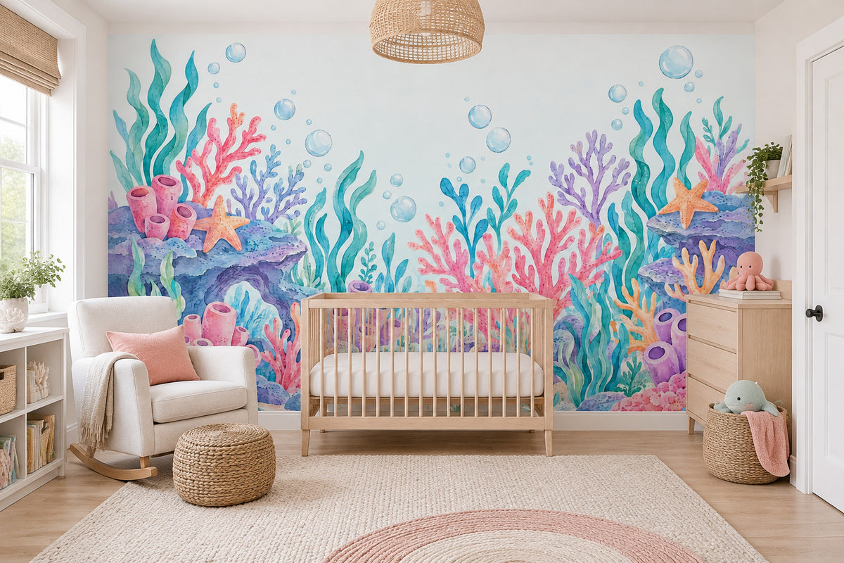 Watercolor Coral Reef Wallpaper Pastel Underwater Wall Mural