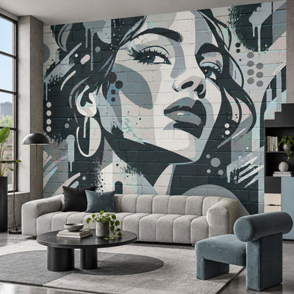 Graffiti Woman Face Wallpaper Brick Wall Texture Wall Mural