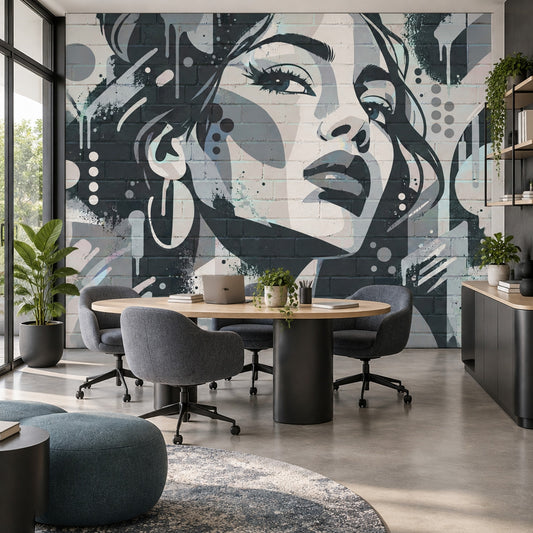 Graffiti Woman Face Wallpaper Brick Wall Texture Wall Mural
