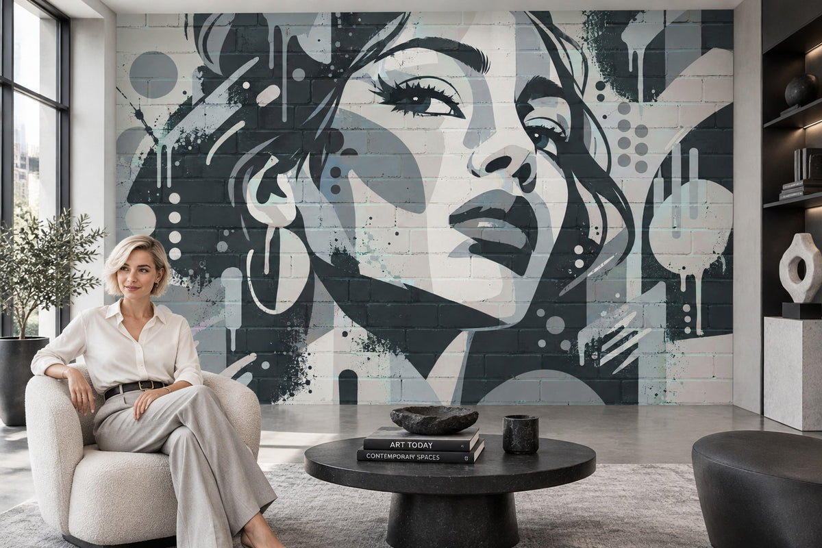 Graffiti Woman Face Wallpaper Brick Wall Texture Wall Mural