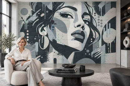 Graffiti Woman Face Wallpaper Brick Wall Texture Wall Mural
