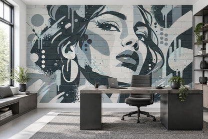 Graffiti Woman Face Wallpaper Brick Wall Texture Wall Mural