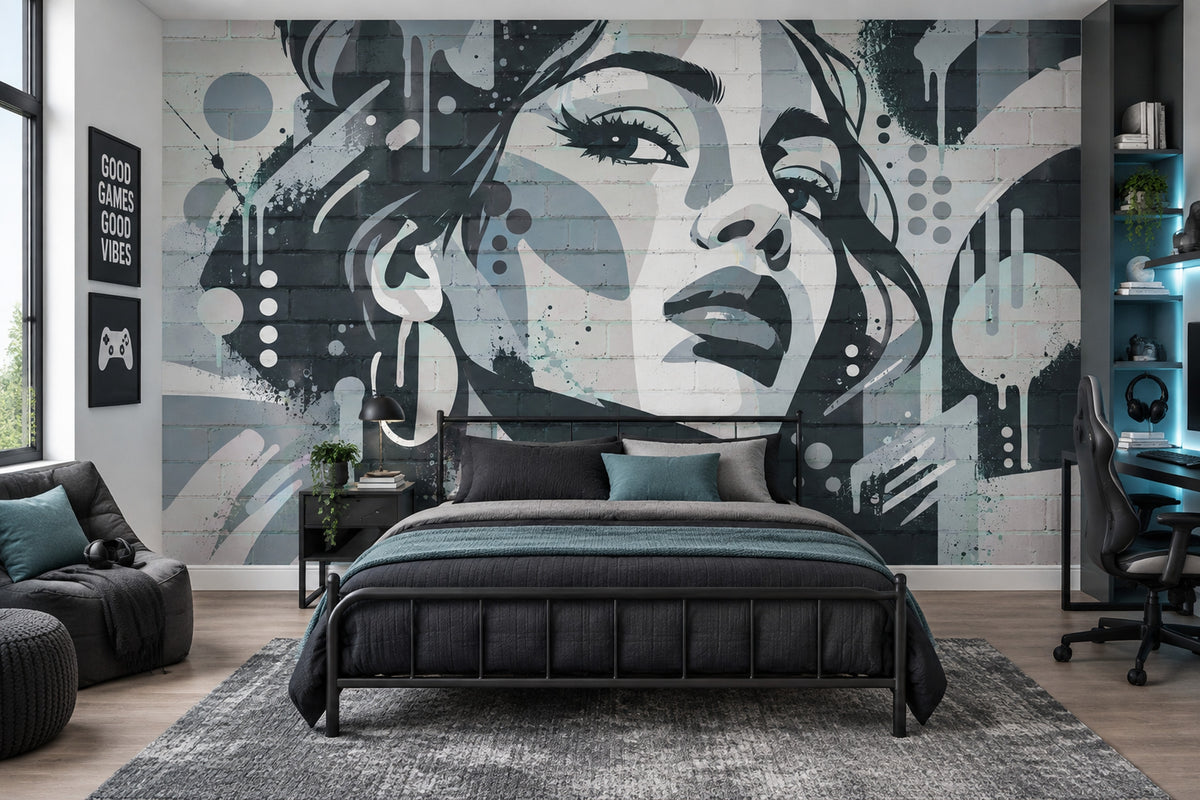 Graffiti Woman Face Wallpaper Brick Wall Texture Wall Mural
