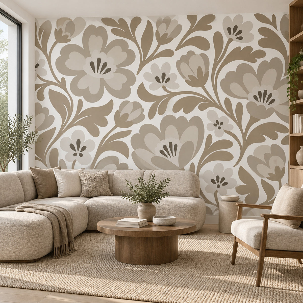 Stylized Large Flowers Wallpaper Beige Botanical Wall Mural