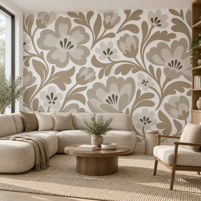 Stylized Large Flowers Wallpaper Beige Botanical Wall Mural