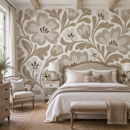 Stylized Large Flowers Wallpaper Beige Botanical Wall Mural