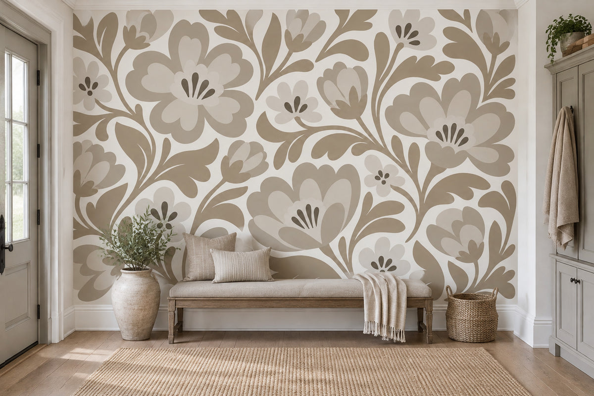 Stylized Large Flowers Wallpaper Beige Botanical Wall Mural