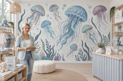 Watercolor Jellyfish Wallpaper Pastel Underwater Wall Mural