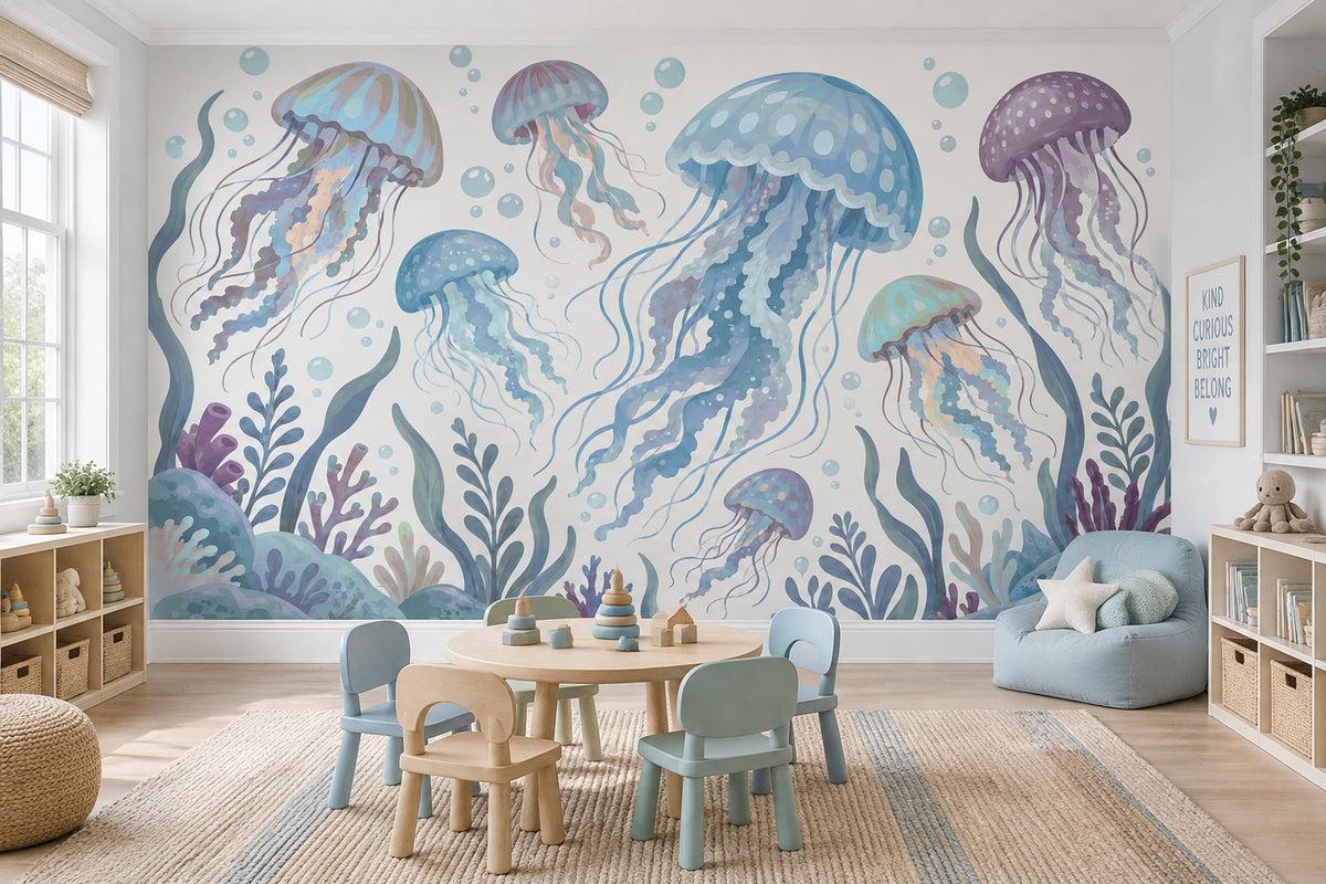 Watercolor Jellyfish Wallpaper Pastel Underwater Wall Mural