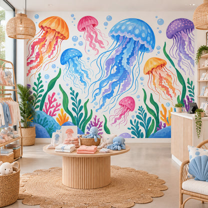Colorful Jellyfish Wallpaper Watercolor Underwater Wall Mural