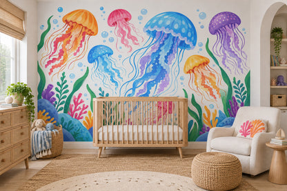 Colorful Jellyfish Wallpaper Watercolor Underwater Wall Mural