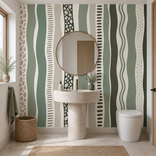 Wavy Vertical Stripes Wallpaper Sage Green Organic Geometric Wall Mural