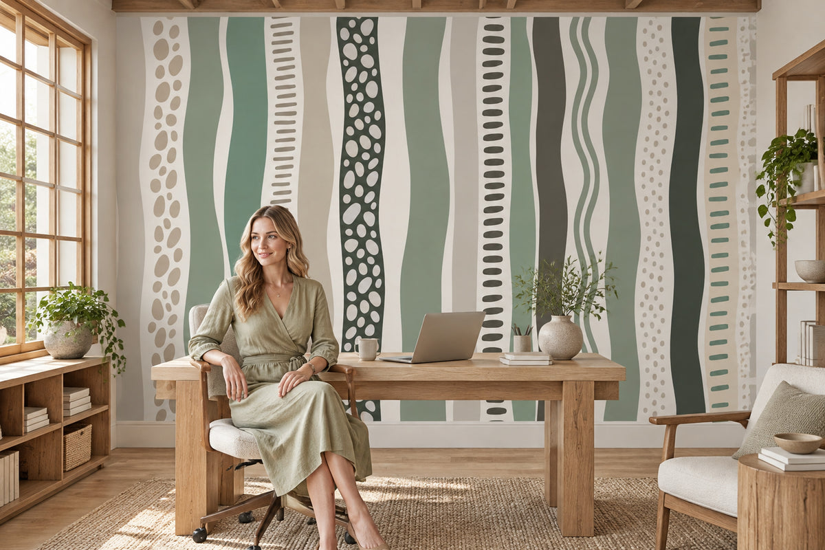 Wavy Vertical Stripes Wallpaper Sage Green Organic Geometric Wall Mural