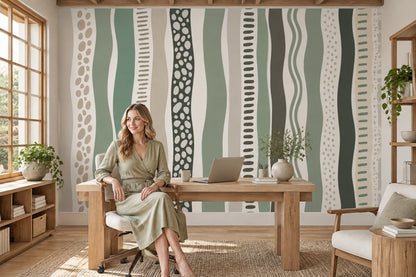 Wavy Vertical Stripes Wallpaper Sage Green Organic Geometric Wall Mural