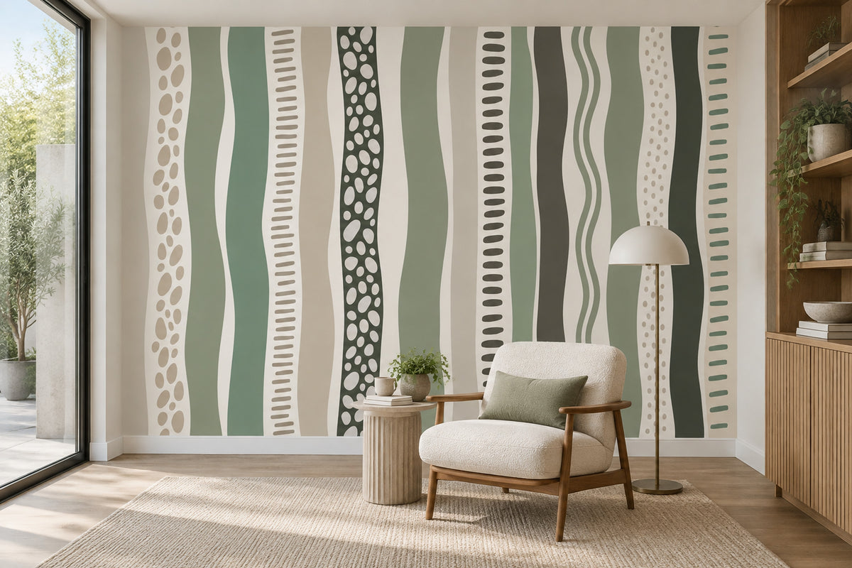 Wavy Vertical Stripes Wallpaper Sage Green Organic Geometric Wall Mural