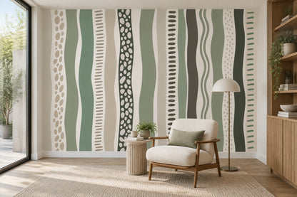 Wavy Vertical Stripes Wallpaper Sage Green Organic Geometric Wall Mural