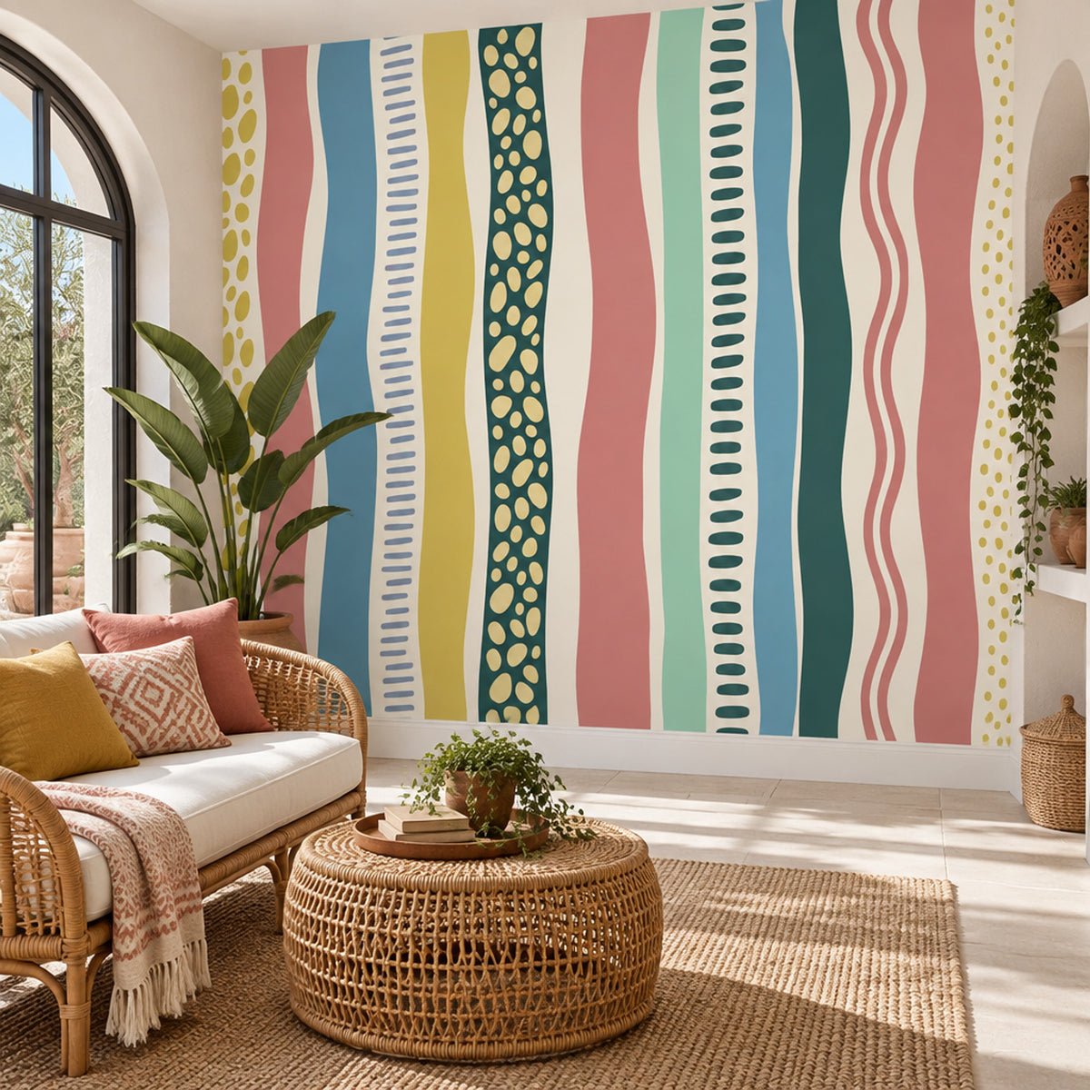 Abstract Wavy Stripes Wallpaper Colorful Hand Drawn Wall Mural