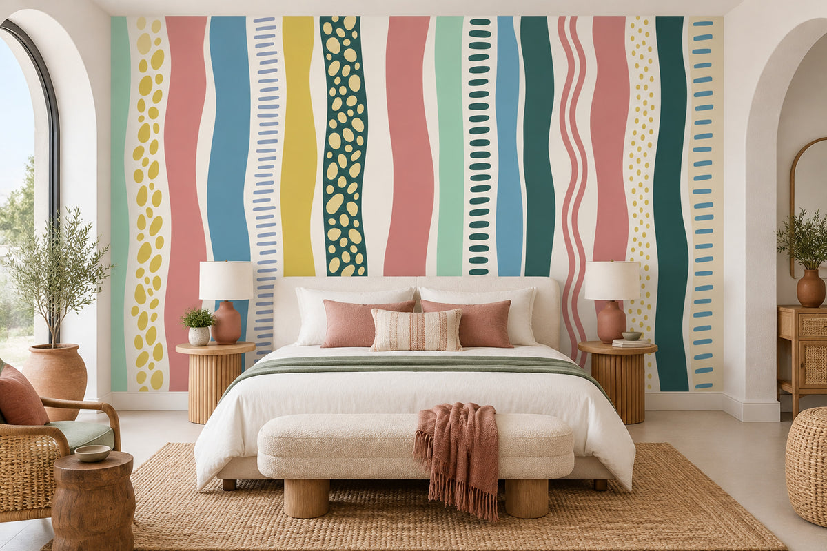 Abstract Wavy Stripes Wallpaper Colorful Hand Drawn Wall Mural