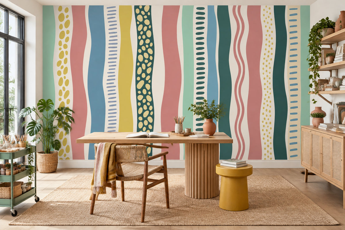 Abstract Wavy Stripes Wallpaper Colorful Hand Drawn Wall Mural