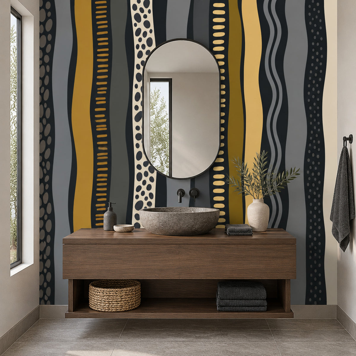 Wavy Stripes Wallpaper Charcoal Mustard Abstract Wall Mural