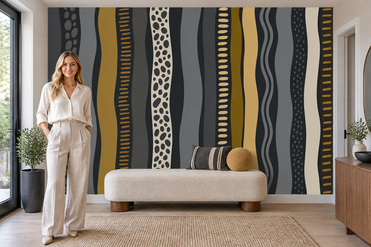 Wavy Stripes Wallpaper Charcoal Mustard Abstract Wall Mural