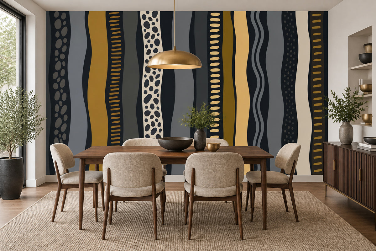 Wavy Stripes Wallpaper Charcoal Mustard Abstract Wall Mural