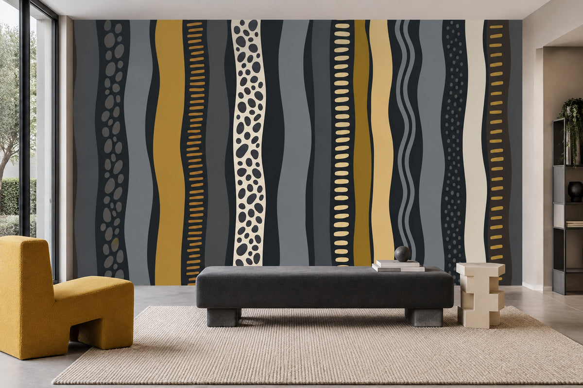 Wavy Stripes Wallpaper Charcoal Mustard Abstract Wall Mural