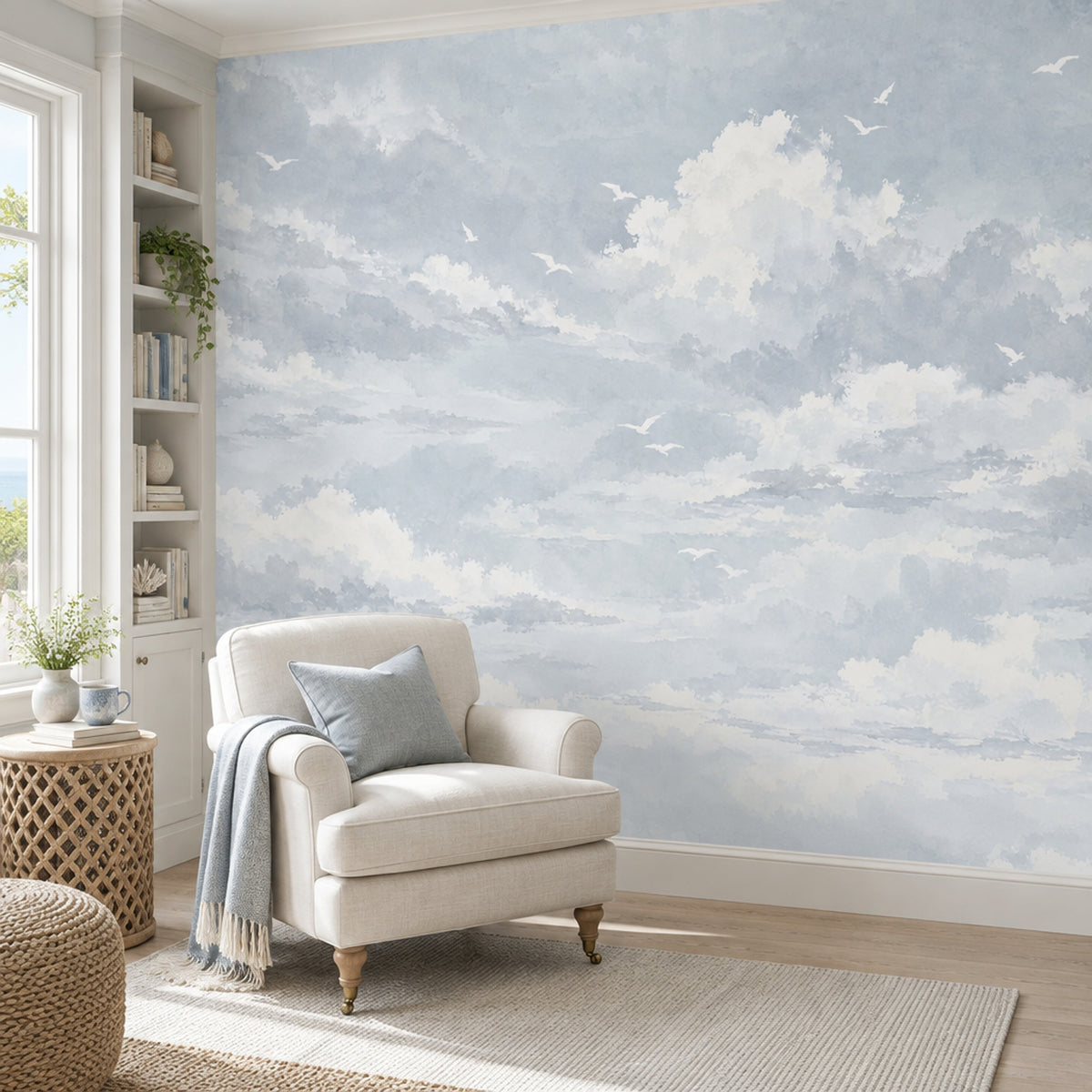 Watercolor Cloud Sky Wallpaper Airy Seagulls Wall Mural