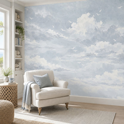 Watercolor Cloud Sky Wallpaper Airy Seagulls Wall Mural