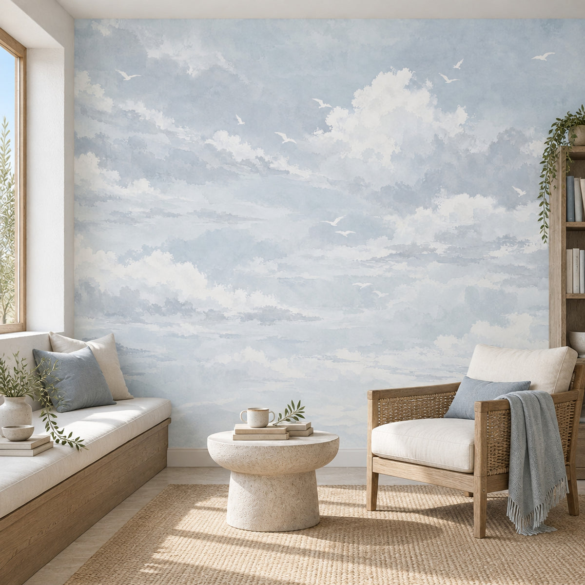 Watercolor Cloud Sky Wallpaper Airy Seagulls Wall Mural